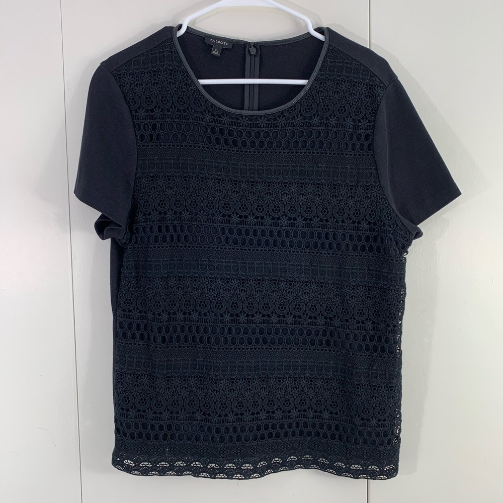 Talbots XL black lace tee faux leather collar